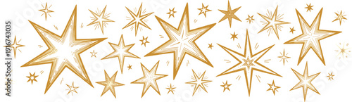 Golden star vector illustration set, hand drawn sparkle, glitter celestial elements, festive decoration, isolated starburst clipart collection bundle design