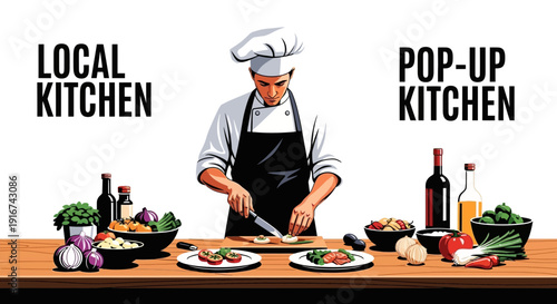 Local and Pop-Up Kitchen Chef Preparing Dishes
