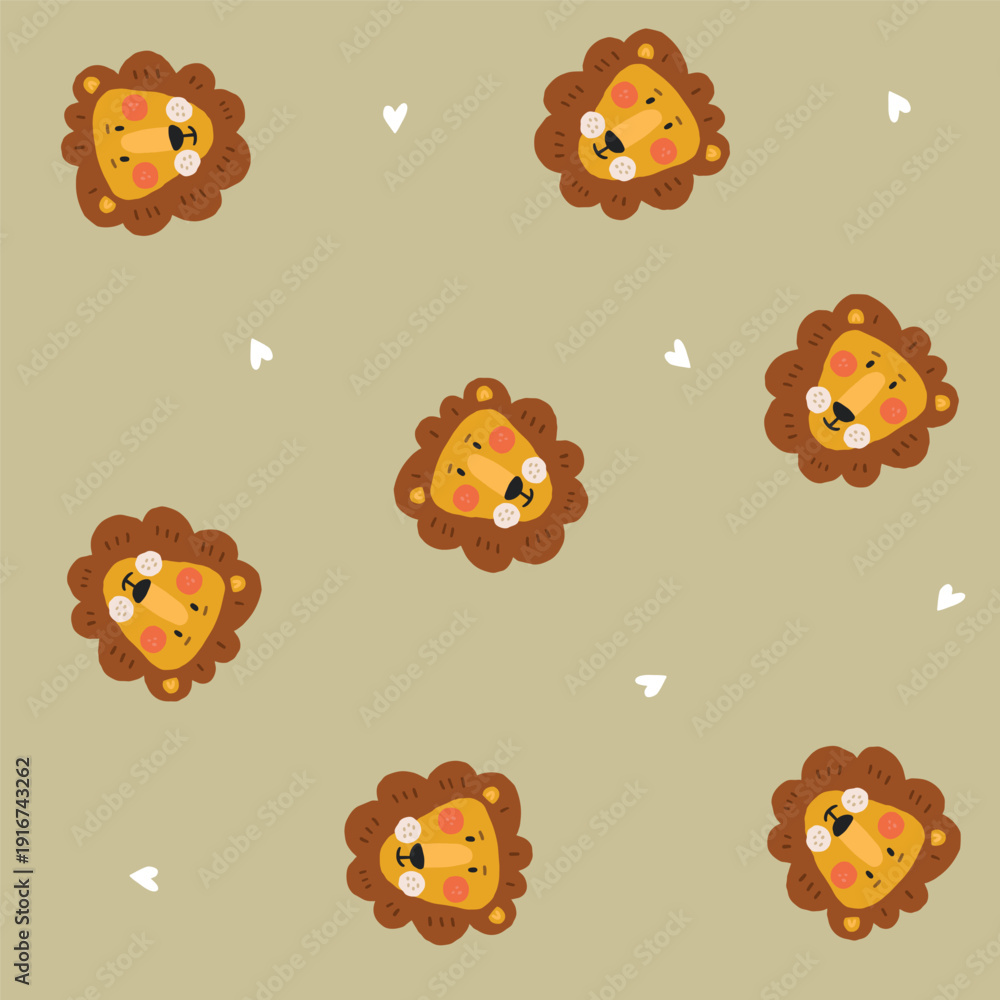 Obraz premium Seamless lion pattern on beige background random layout. This vector illustration suits fabric, nursery decor, wallpaper and gift wrap design.