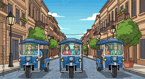 Autorickshaws on a City Street with Pedestrian-friendly Boulevard