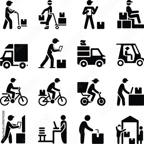 Delivery service courier icons set logistics shipping transport worker scooter truck package ecommerce flat vector illustration isolated black silhouette