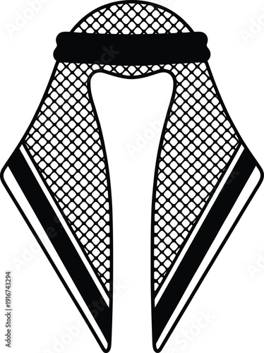Stylized Middle Eastern keffiyeh ghutra vector illustration with black AGAL headband and bold striped edges, cultural attire design.