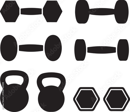 set of black dumbbells and kettlebells for fitness and workout