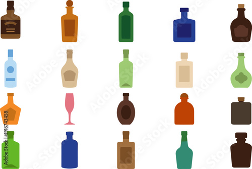 Hand drawn vector alcohol bottles collection, whiskey wine liquor glass beverage icons set isolated on white background, drink illustration design