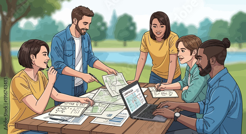 Team Planning Outdoor Meeting with Maps and Laptop