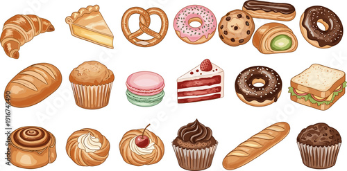 Hand drawn vector bakery products collection, bread cake donut pastry dessert icons set isolated on white background, sweet food illustration