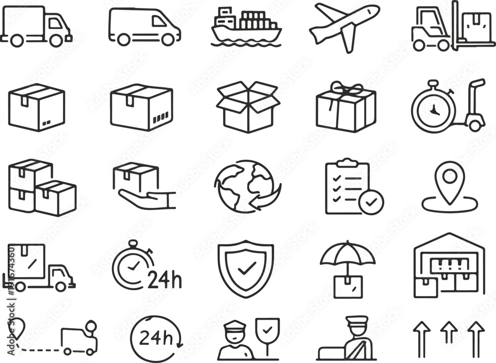 Fototapeta premium Vector monochrome logistics line icon set