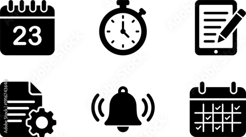 Set of six stylized black productivity and scheduling icons, symbolizing calendar, stopwatch, notifications, planning, configuration, and organization tools