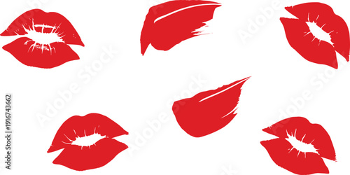 Vibrant red lipstick kiss marks and smudges on white background