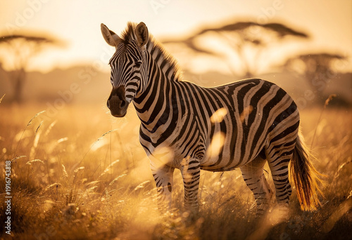 Two zebras standing in African savanna at golden sunset
