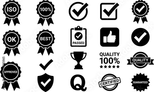 Set of twenty stylized black quality assurance and certification icons, symbolizing approval, standards, badges, and guaranteed product quality