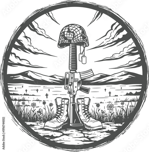 Veterans memorial emblem with helmet rifle and boots Memorial Day