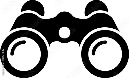 Stylized black silhouette binoculars icon, symbolizing observation, exploration, search, scouting, viewing, and discovery motifs in minimal design