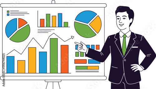 Business professional presenting colorful data charts and graphs on flip chart