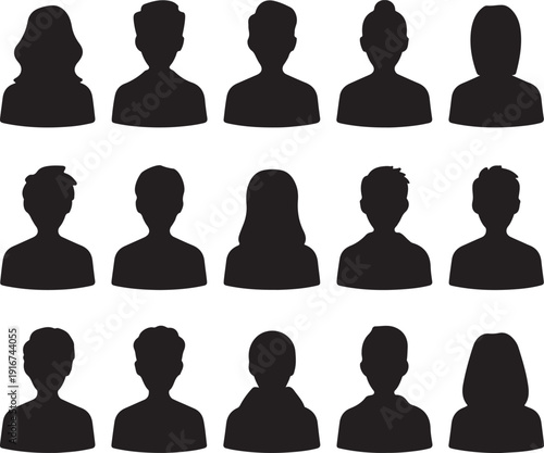 set of people silhouettes in rows facing forward and sideways