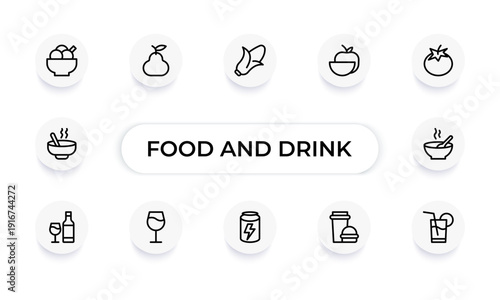 Food and Drink Line Icon Set – Cooking, Dining, Beverage, Restaurant and Fast Food Outline Icons Collection, Modern Editable Vector Illustration