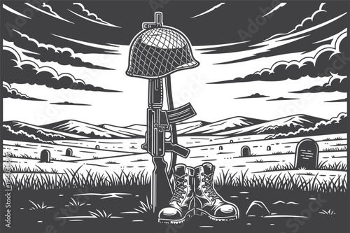 A hauntingly beautiful illustration of a lone gravestone in a desolate landscape Memorial Day