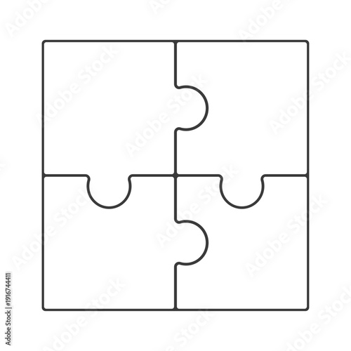 4ピースの黒フチ付きの白いパズルのアイコン - つながりのイメージや4分割の図解のテンプレート素材