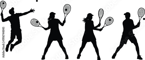 Tennis Player Silhouette Set, Professional Athletes Serving and Hitting Forehand Action Poses, Sports Vector Illustration Isolated on White