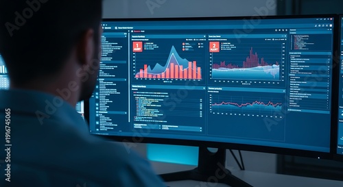 Person analyzing data on a computer screen with multiple graphs and charts