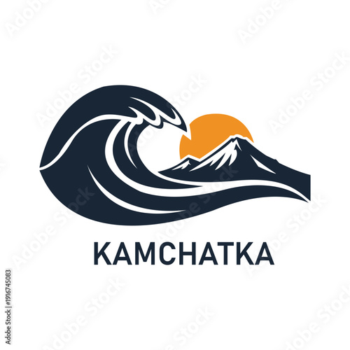 Minimal Flat Surfing Wave Icon with Sun and Volcanic Mountain for Kamchatka Summer Adventure