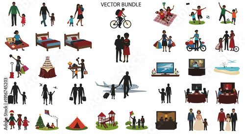 Vector illustrations of family life, relationships, and activities. Features daily routines, leisure, travel, celebration, and social interactions, highlighting connections
