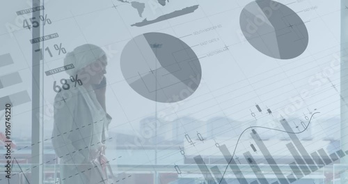 Animation of financial data and graphs over businesswoman using smartphone