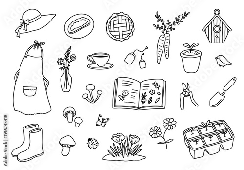 Spring gardening tool doodle set with botanical book and plant icons featuring cottagecore line art decoration
