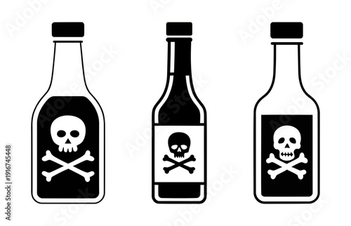 Poison bottle icons with skull and crossbones warning symbols. beer bottle icon