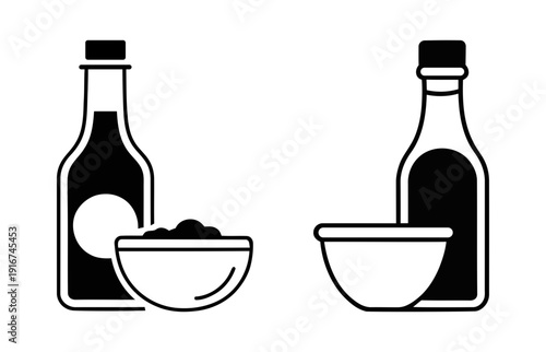 Minimalist olive oil bottle and salt bowl kitchen vector icon set