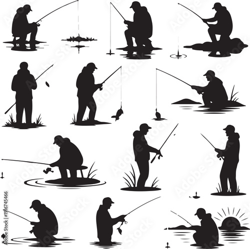Silhouette illustrations of people fishing in various poses on water  recreational activity