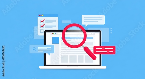 Laptop with magnifying glass and checkmarks on a blue background