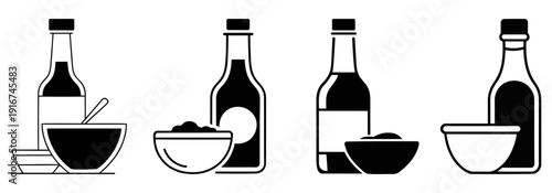 Condiment bottle and sauce bowl icon collection