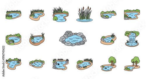 Collection of colorful cartoon pond and garden illustrations in various designs