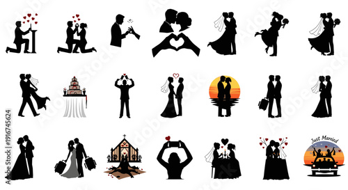 Romantic wedding vector silhouettes collection showcasing various couple moments, from proposals and ceremonies to celebrations, symbolizing timeless love and commitment