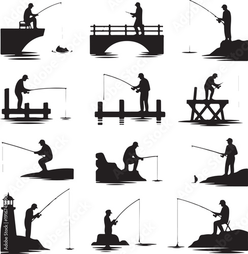 silhouette of people fishing in various locations with rod and reel