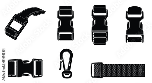 Black and white illustration of various strap buckles and accessories