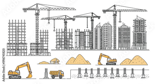 Construction site illustration featuring cranes buildings and heavy machinery