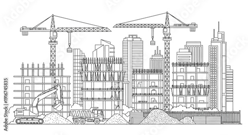 Detailed line drawing of a construction site with cranes and buildings