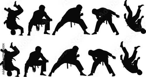 Martial Arts Silhouette Set, Karate Judo and Jiu Jitsu Fighters in Combat Poses, Grappling and Throwing Techniques Vecto