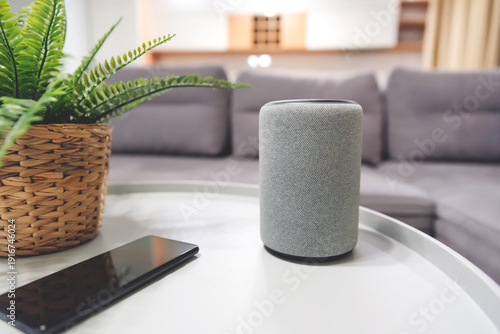 Smart speaker device in living room. Smart home.