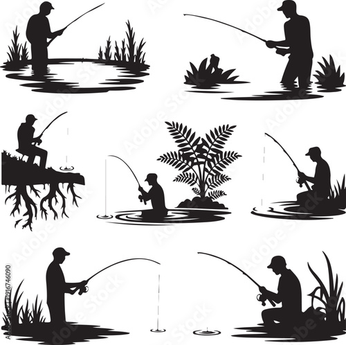 Silhouette of a man fishing in various poses and environments  recreational angling