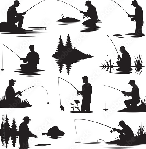 Silhouette of people fishing in various poses on water and land  recreational activity