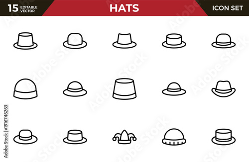 Hats Outline Icon Set – Beanies, Fedoras, Caps and Sun Hats Minimal Vector Icons, Editable Stroke for Fashion, Web and Print