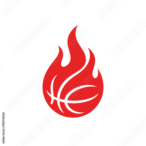 Red basketball ball on fire icon. Abstract flaming sports vector illustration suitable for team logo, tournament branding, and competition mascot. Flat design isolated on white.