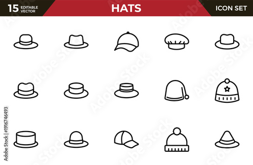 Hats Outline Icon Set – Beanies, Fedoras, Caps and Sun Hats Minimal Vector Icons, Editable Stroke for Fashion, Web and Print