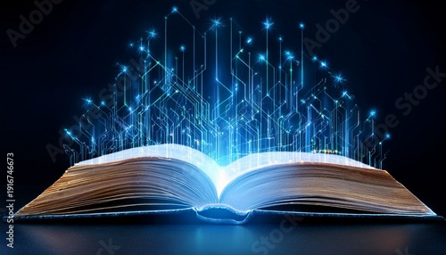 abstract glowing digital book made of illuminated circuits and data streams on a dark background