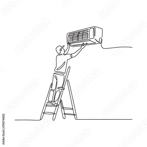 Continuous line drawing of a technician installing an air conditioner unit