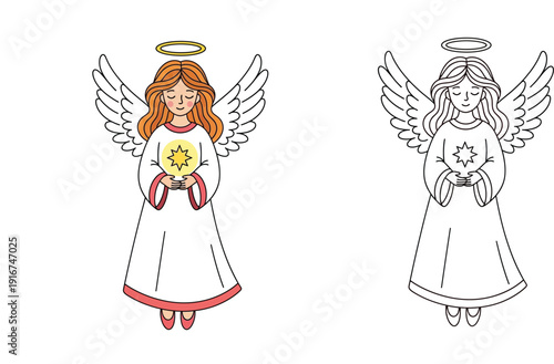 Cute Christmas angel illustration set featuring a colored character and black and white outline for coloring book pages, vector design of a holy girl with wings and halo holding a bright star