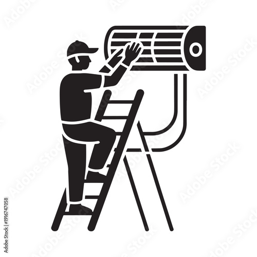 A technician repairs a split system air conditioner while on a ladder